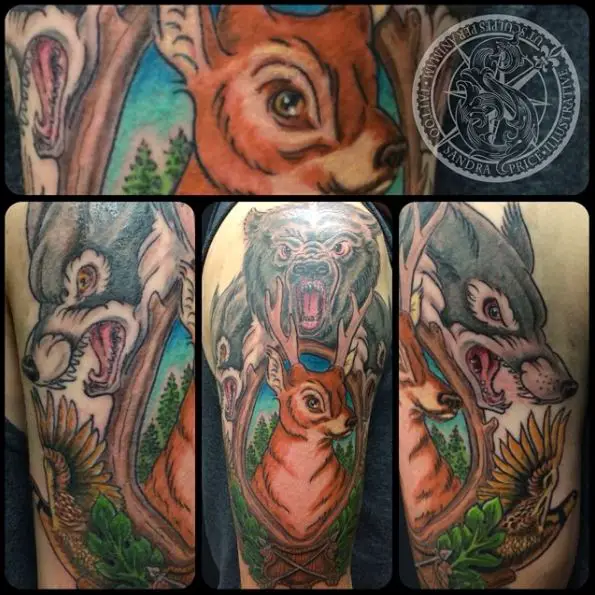 Colorful Wild Animals Hunting Arm Sleeve Tattoo