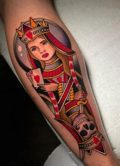 Colorful Skull and Queen of Hearts Forearm Tattoo