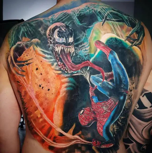 Colorful Venom and Spiderman Fighting Full Back Tattoo
