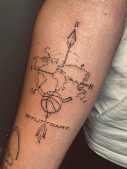 World Map with Compass and Basketball Forearm Tattoo