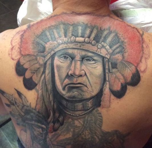 Colored Lakota Warrior Chief Back Tattoo