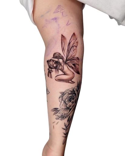 Grey Shaded Mushroom and Sitting Fairy Forearm Tattoo