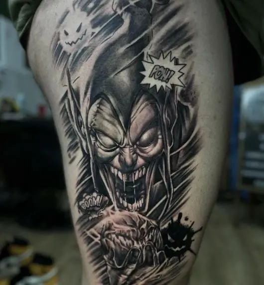 Black and Grey Goblin with Pumpkins Thigh Tattoo
