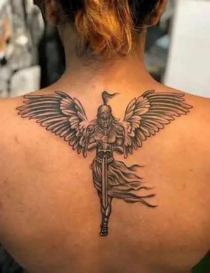 Black and Grey Angel Warrior with Sward Spine Tattoo