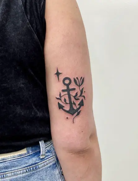 Black Botanical Anchor Arm Tattoo