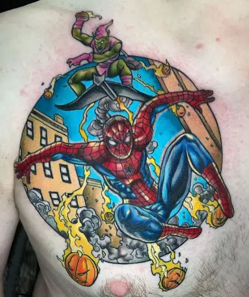 Colorful Spiderman and Green Goblin Chest Tattoo