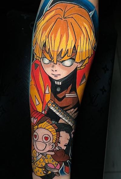 Colorful Zenitsu Agatsamu with Sword Arm Sleeve Tattoo