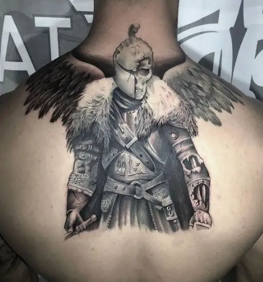 Black and Grey Angel Warrior Back Tattoo
