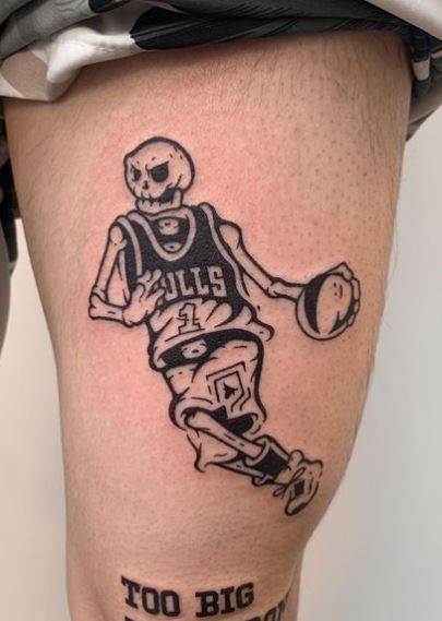 Skeleton Playing Basketball Thigh Tattoo