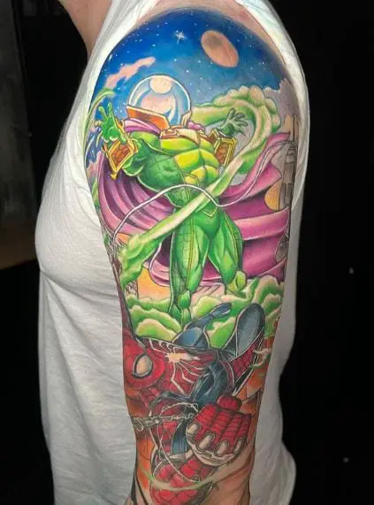 Colorful Spiderman and Mysterio Arm Tattoo