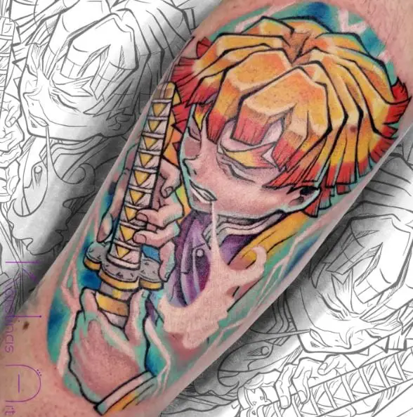 Colorful Zenitsu Agatsamu with Sword Arm Tattoo