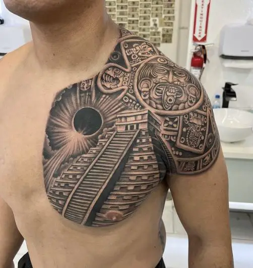 Aztec Temple and Calendar Chest and Shoulder Tattoo