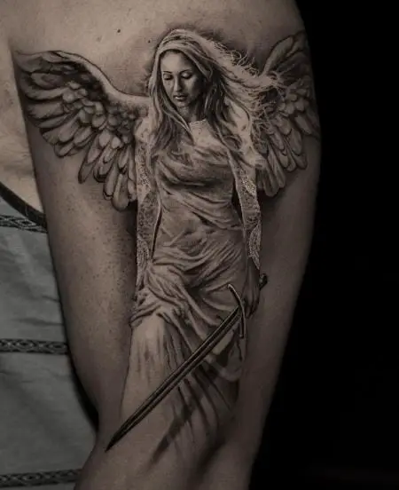 Lady Angel Warrior Biceps Tattoo