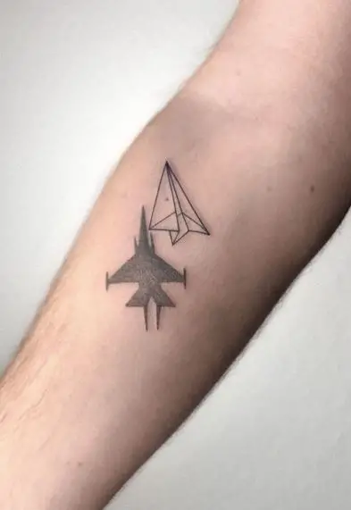 Fighter Plane and Paper Plane Forearm Tattoo