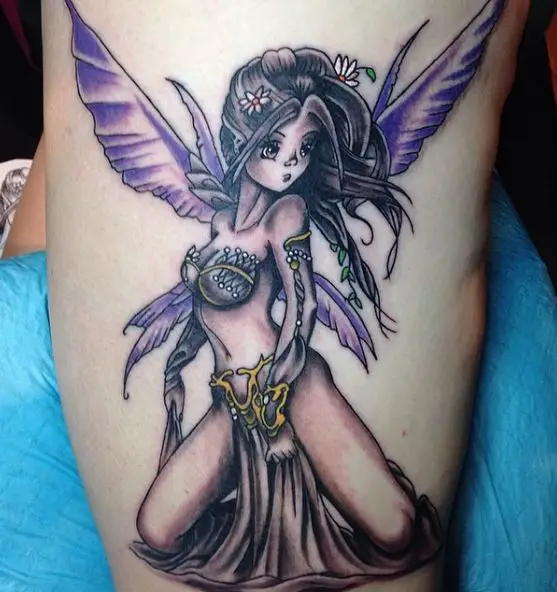 Sitting Fairy with Violet Wings and Flowers Tattoo