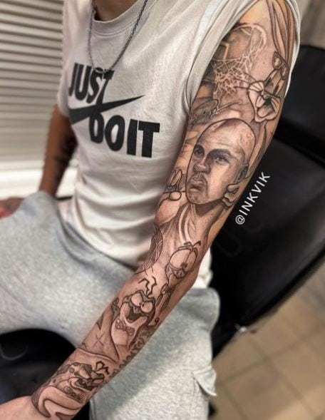Grey Shaded Space Jam Arm Sleeve Tattoo