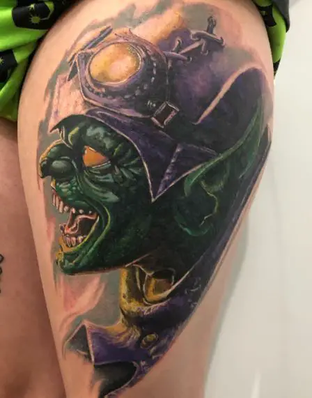 Green Goblin with Hat Thigh Tattoo