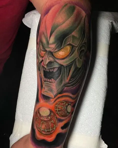 Colorful Green Goblin Forearm Sleeve Tattoo