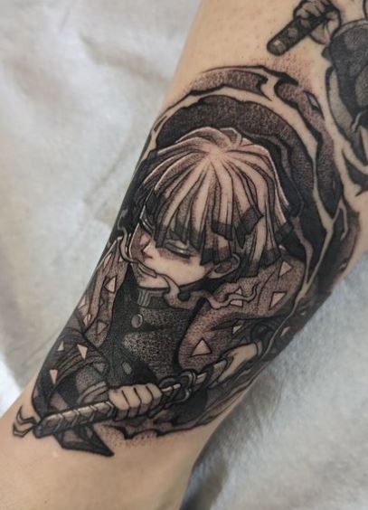 Black and Grey Zenitsu Agatsamu with Sword Knee Tattoo