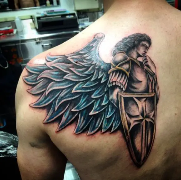 Angel Warrior with Shield and Blue Wings Back Tattoo