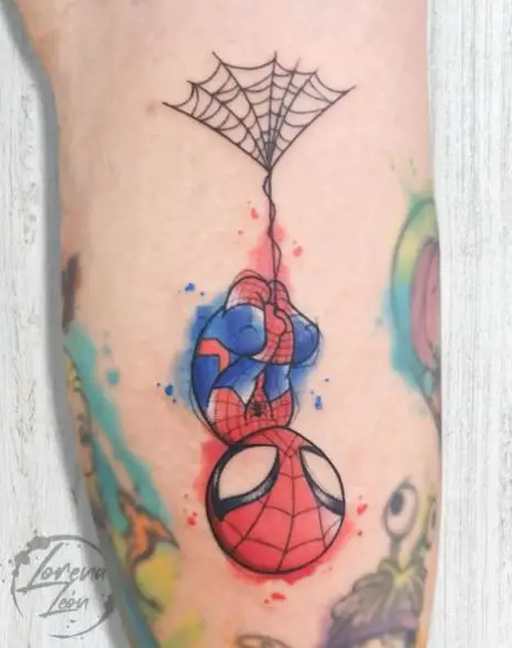 Colorful Upside Down Baby Spiderman Tattoo