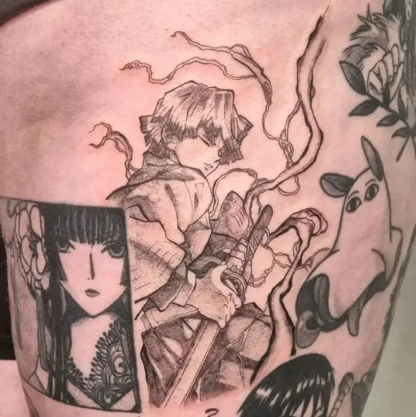 Girl Face and Zenitsu Agatsamu Thigh Tattoo