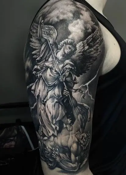 Black and Grey Angel Warrior with Spear Arm Tattoo