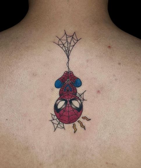 Small Upside Down Baby Spiderman Spine Tattoo