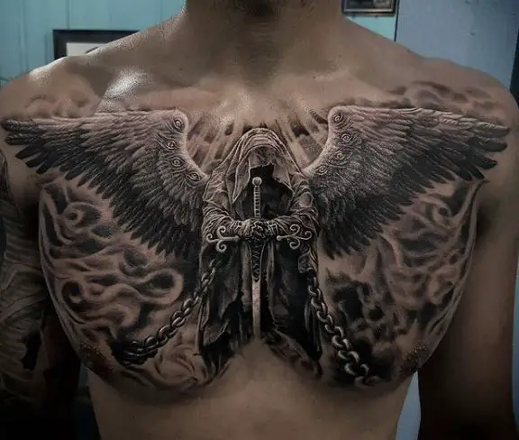 Chained Angel Warrior with Sward Chest Tattoo