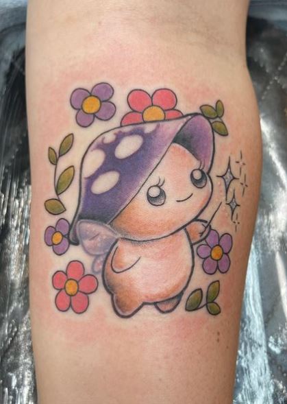 Colorful Flowers and Mushroom Fairy Forearm Tattoo