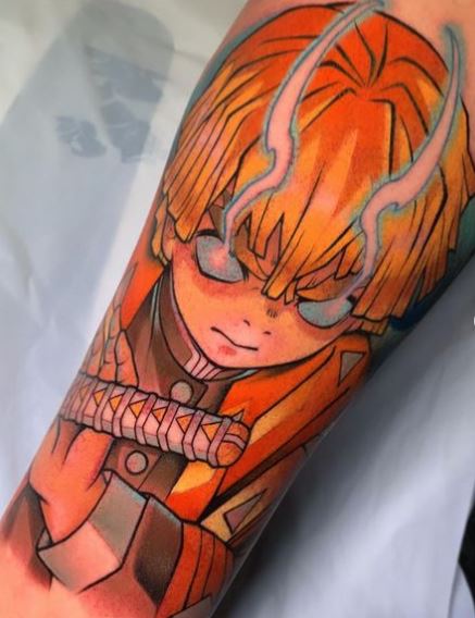 Colorful Zenitsu Agatsamu with Smokin Eyes Leg Sleeve Tattoo