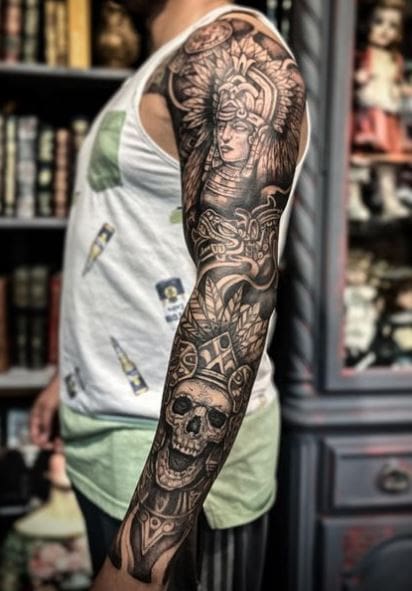 Skull and Aztec Warrior Arm Sleeve Tattoo