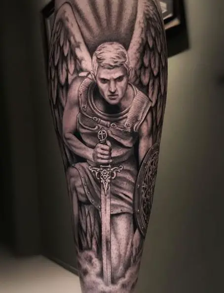 Black and Grey Angel Warrior with Shield and Sward Tattoo