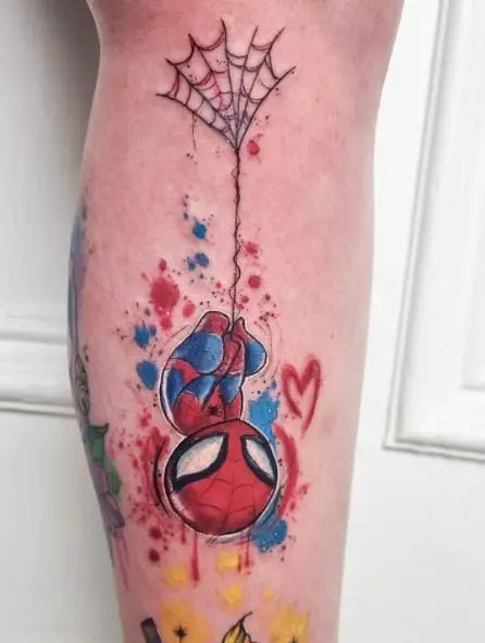 Colorful Upside Down Baby Spiderman with Heart Tattoo