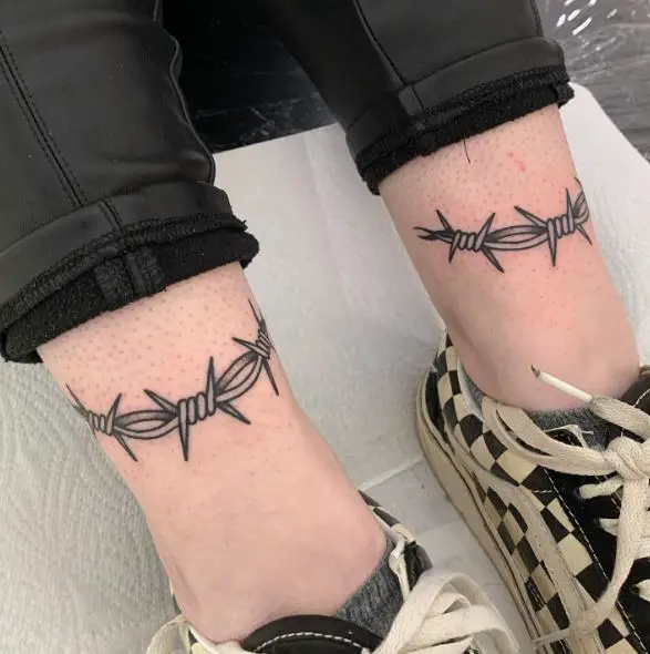 Black and Grey Barbed Wire Both Ankles Tattoos