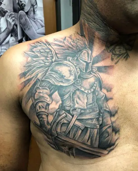Black and Grey Angel Warrior with Sward Chest Tattoo