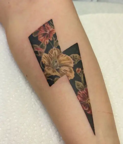 Colored Floral Lightning Bolt Forearm Tattoo