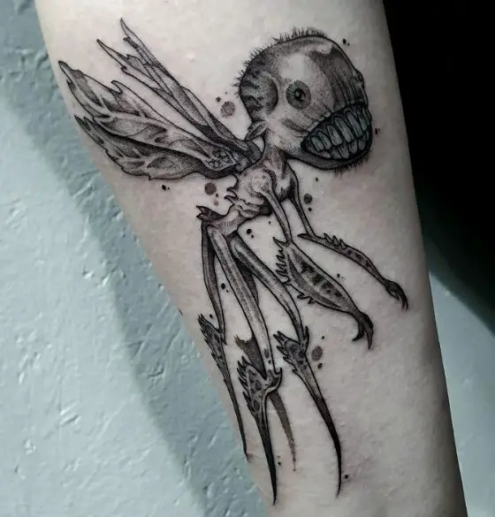 Black and Grey Hell Boy Fairy Arm Tattoo