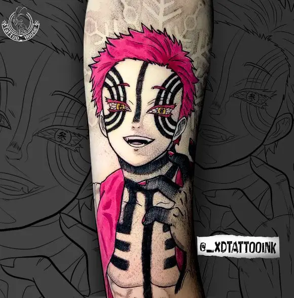 Colorful Smiling Akaza Demon Biceps Tattoo