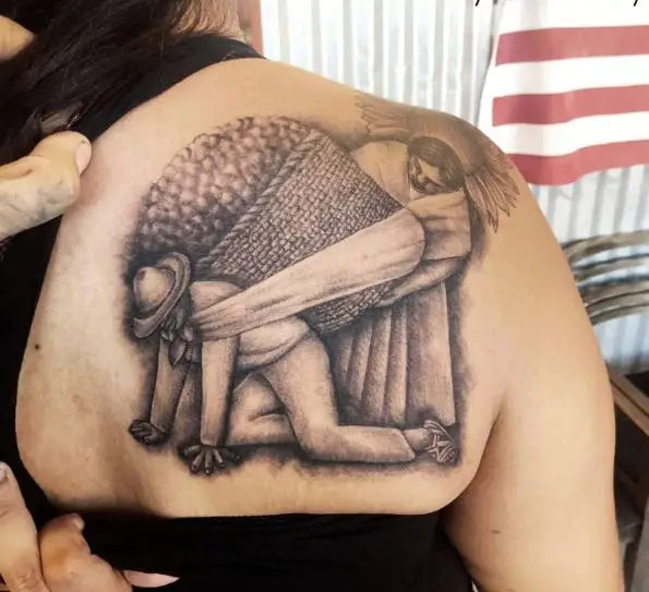 Mexican Man and Woman Carrying Big Basket Shoulder Tattoo