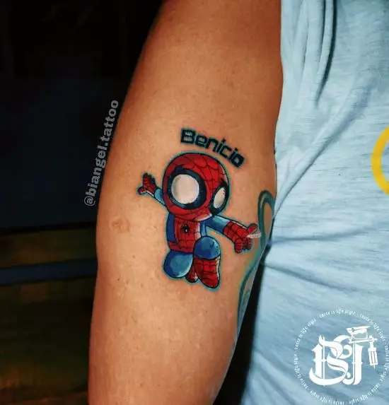 Colorful Baby Spiderman Shooting Spider Web Arm Tattoo