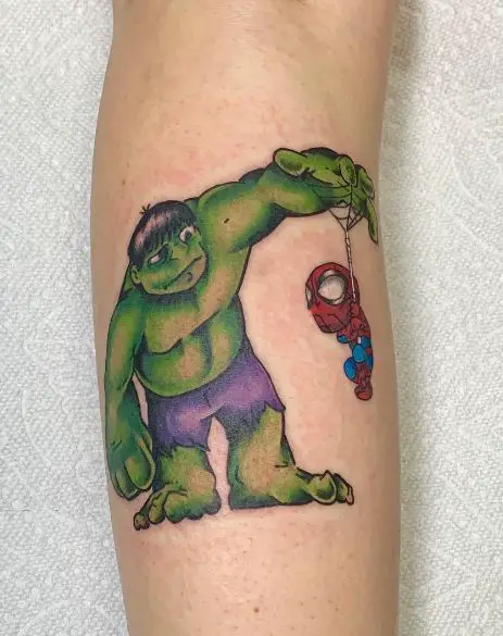Colorful Baby Hulk and Baby Spiderman Leg Tattoo