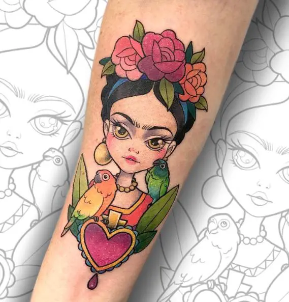 Colorful Birds and Frida Forearm Tattoo