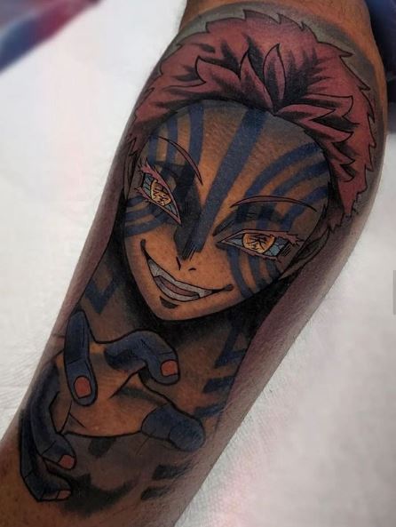 Colored Akaza Demon with Blue Stripes and Pink Hair Arm Tattoo