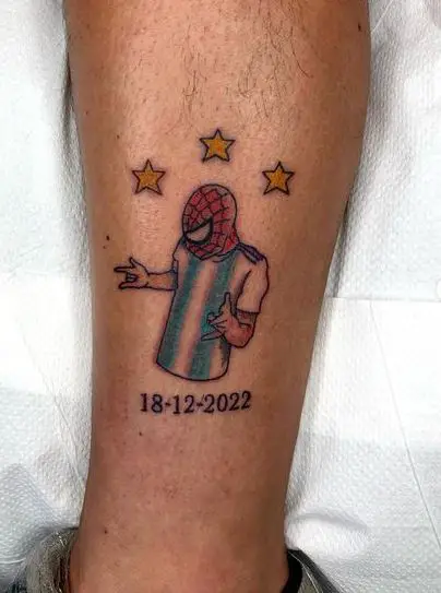 Spiderman with Argentina World Cup Jersey Leg Tattoo