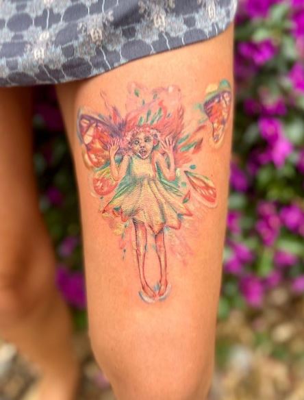 Colorful Fairy Thigh Tattoo