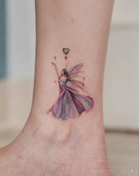 Colorful Heart and Fairy Ankle Tattoo