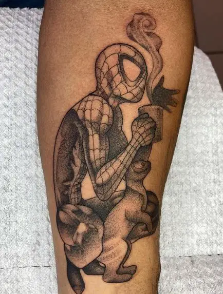 Grey Spiderman with Cup of Hot Drink Arm Tattoo