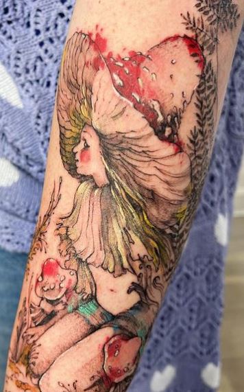 Colorful Mushrooms and Fairy Forearm Tattoo