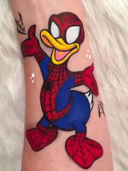 Donald Duck in Spiderman Suit Forearm Tattoo